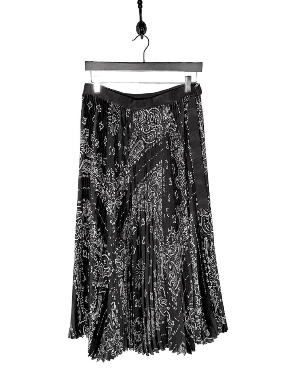 Sacai Black Satin Paisley Pleated Midi Skirt